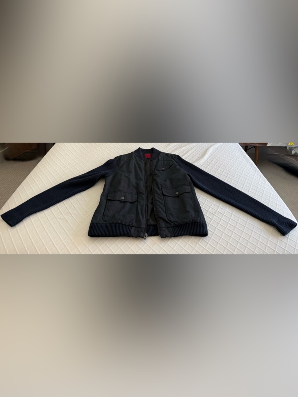 Men's Navy Bomber Jacket with Ribbed Trim